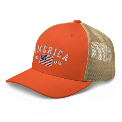 America Est. 1776 - Yupoong 6606 Trucker Cap - Premium  from Grizzly Creek Apparel - Just $32.97! Shop now at Grizzly Creek Apparel